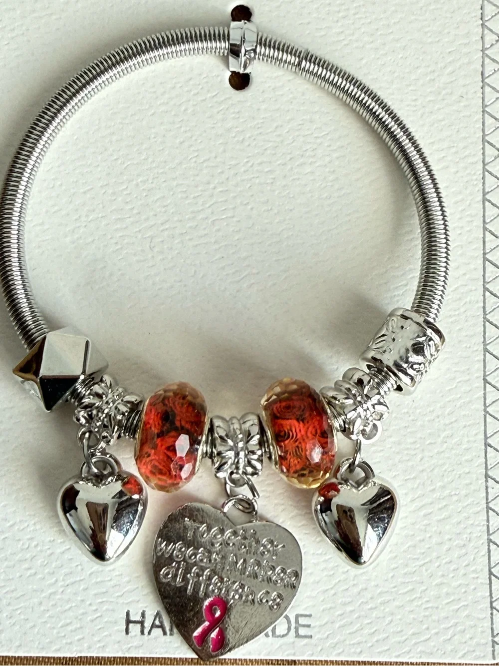 Mint Silver-Tone Charm Bracelet with Orange Glass Beads and Pink Ribbon Heart